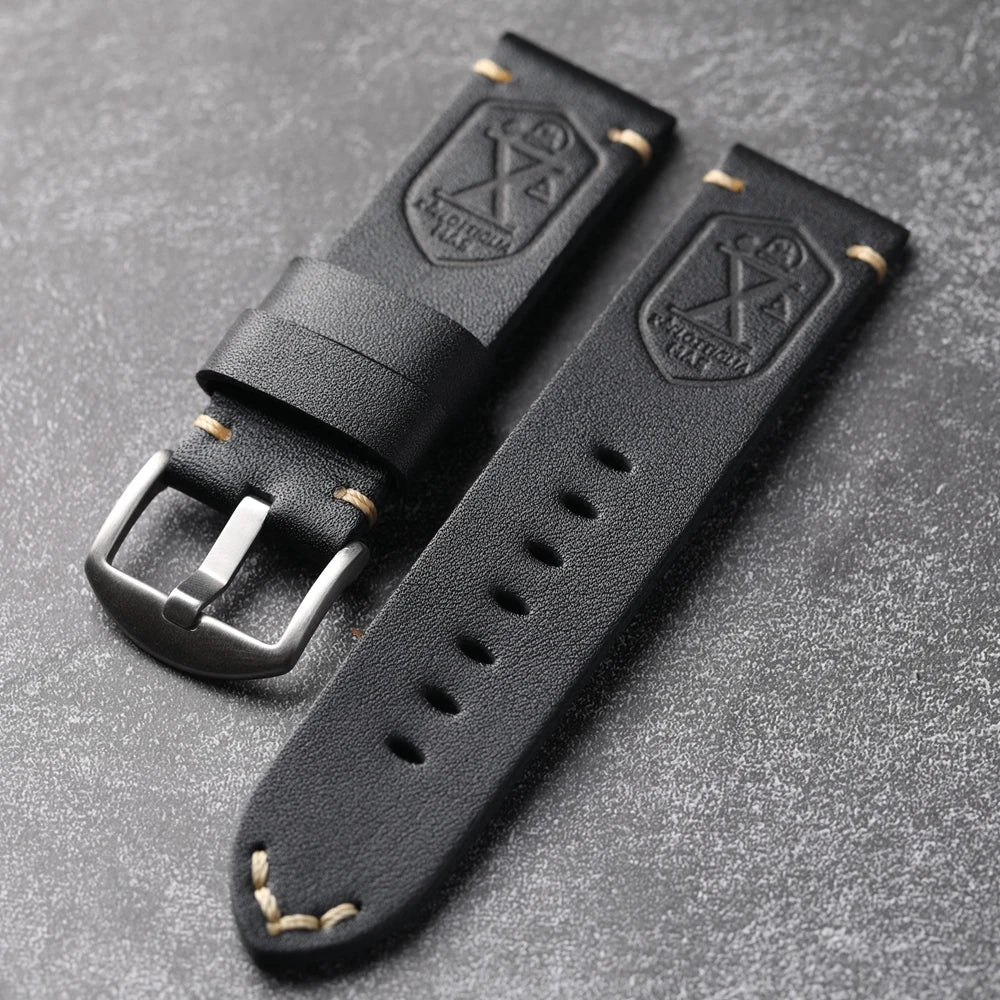 Handmade Cowhide Leather Watch Strap, Top Layer, 20 22 24 26MM, Black, Soft, Foldable, No Sandwich, Flexible