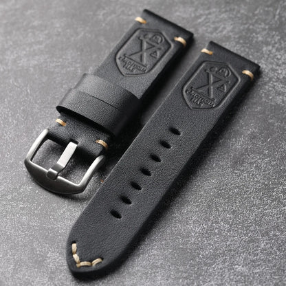 Handmade Cowhide Leather Watch Strap, Top Layer, 20 22 24 26MM, Black, Soft, Foldable, No Sandwich, Flexible