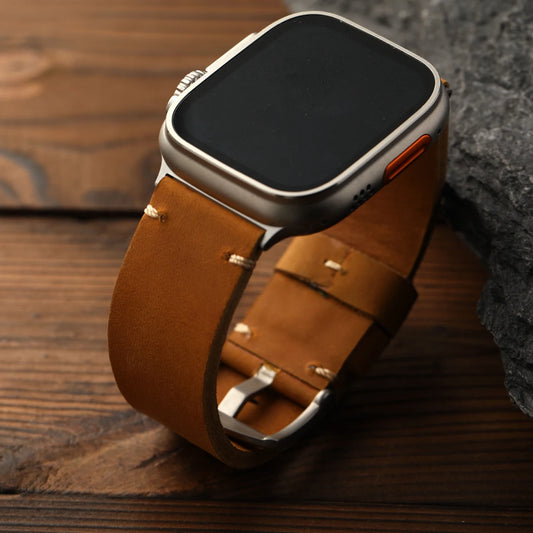 Correa de piel de vacuno de primera calidad hecha a mano, cuero auténtico azul y amarillo compatible con Apple Watch 49MM 46MM 45MM 44MM Ultra S13