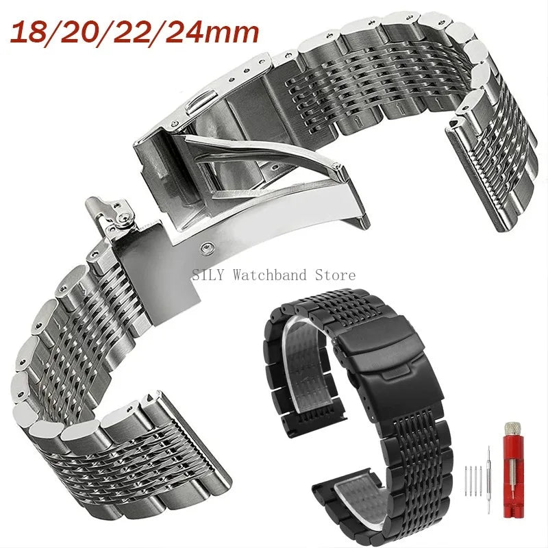 Cinturino per orologio subacqueo con chiusura deployante solida, maglia in acciaio inossidabile, spazzolato e lucidato, cinturini business, 18/20/22/24 mm