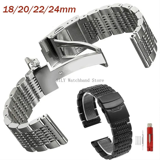 Bracelet de montre de plongée à boucle à déploiement solide, en maille d'acier inoxydable, brossé et poli, sangles d'affaires, 18/20/22/24mm