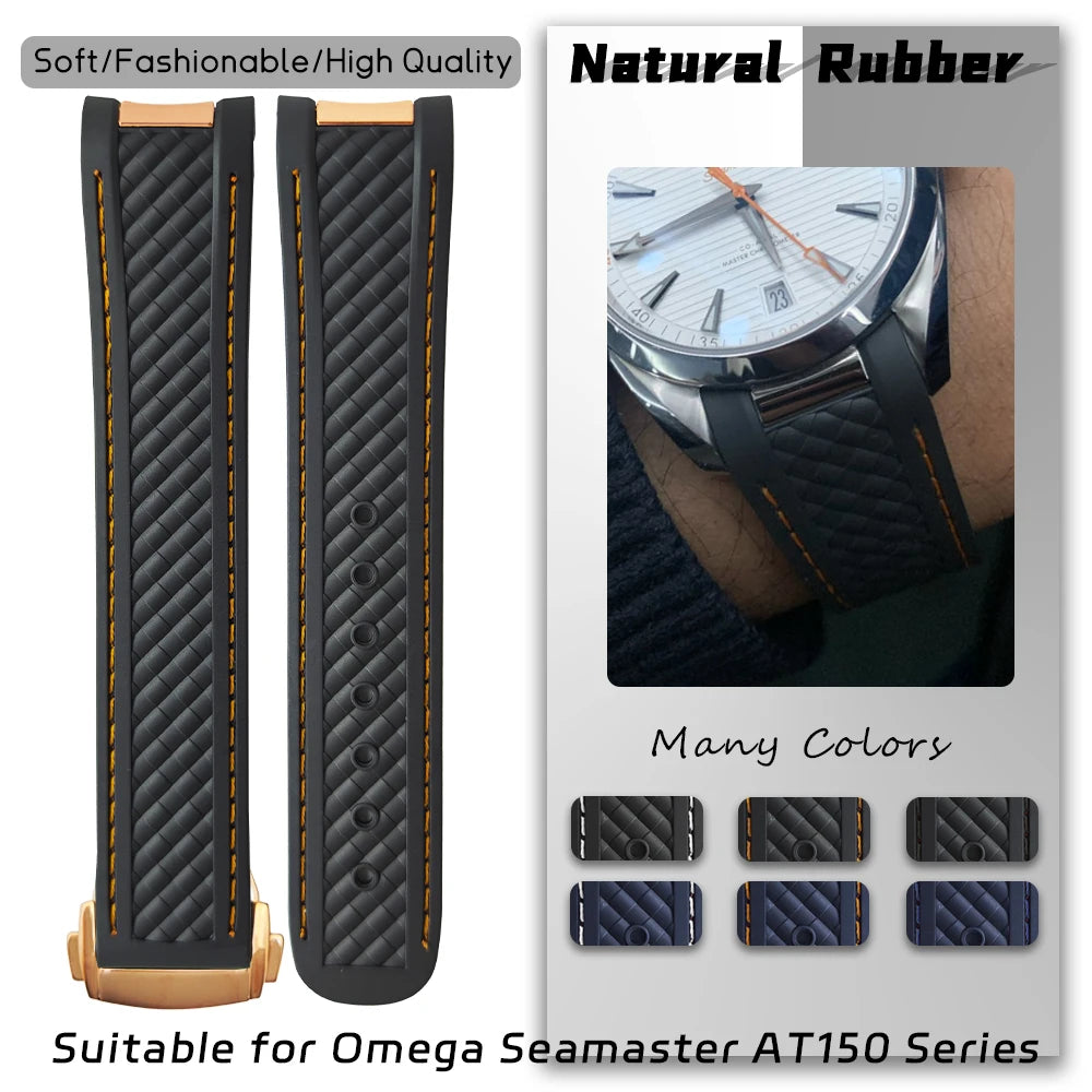 Natural rubber watch strap, 20mm, for Omega Seamaster Aqua Terra, 150M, 41mm, AT150, 220, 231, rose gold, curved end, sport, 19mm