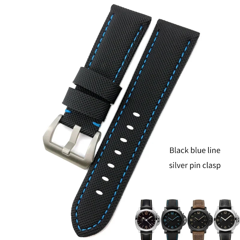 22mm 24mm 26mm Watch Strap for Panerai Luminor PAM01661, Black and Blue Nylon Fabric, Genuine Leather Canvas, Screw Pin Buckle