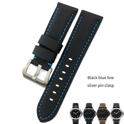 22mm 24mm 26mm Watch Strap for Panerai Luminor PAM01661, Black and Blue Nylon Fabric, Genuine Leather Canvas, Screw Pin Buckle