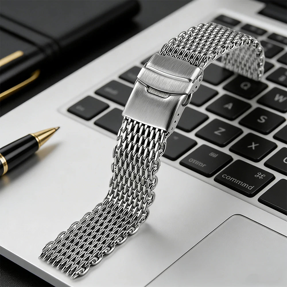 Cinturino per orologio in acciaio inossidabile 18 mm 20 mm 22 mm 24 mm, maglia milanese tipo "Shark Mesh" da immersione, doppia chiusura in metallo