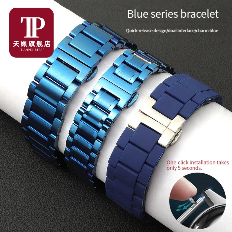 Men's and Women's Blue Stainless Steel Watch Band, Metal Strap Straight End Watchband Fashion Watch, 8mm, 10mm, 12mm, 16mm, 18mm, 20mm, 21mm, 22mm
