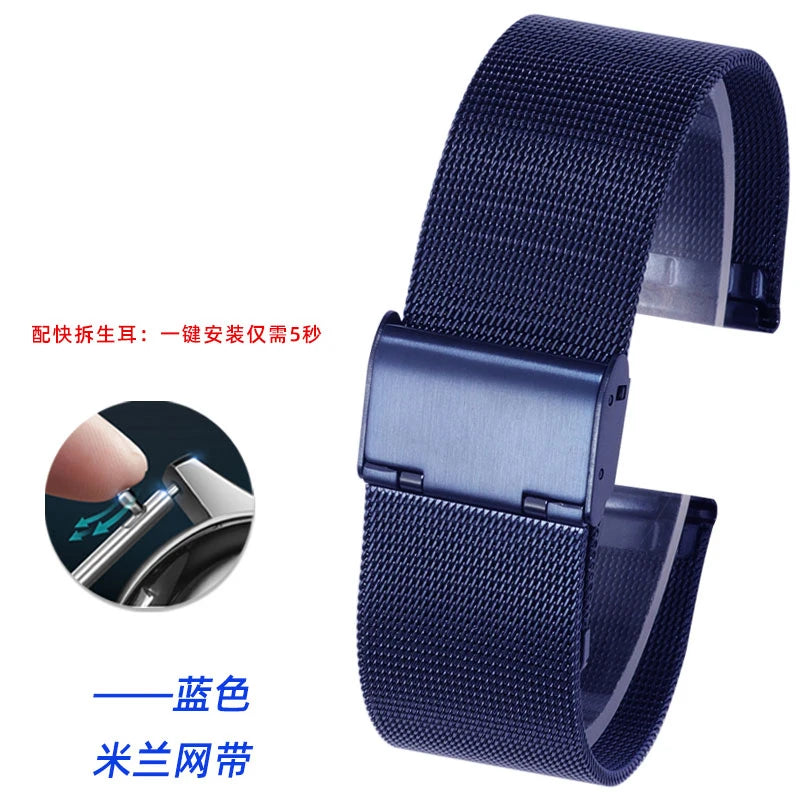 Men's and Women's Blue Stainless Steel Watch Band, Metal Strap Straight End Watchband Fashion Watch, 8mm, 10mm, 12mm, 16mm, 18mm, 20mm, 21mm, 22mm