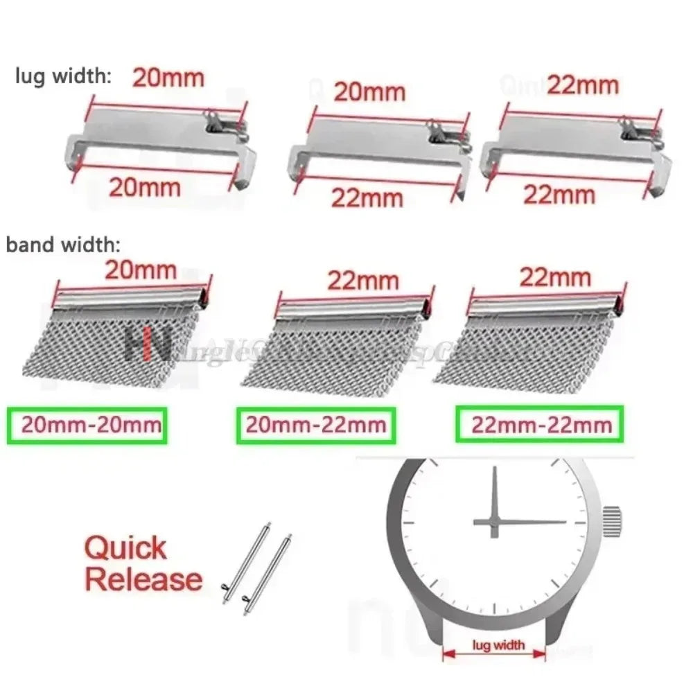 1 paio di adattatori per cinturini: da 18 mm a 20 mm, 22 mm, da 20 mm a 18/20/22 mm, da 22 mm a 22 mm, connettori a perno a sgancio rapido, accessori per cinturini.