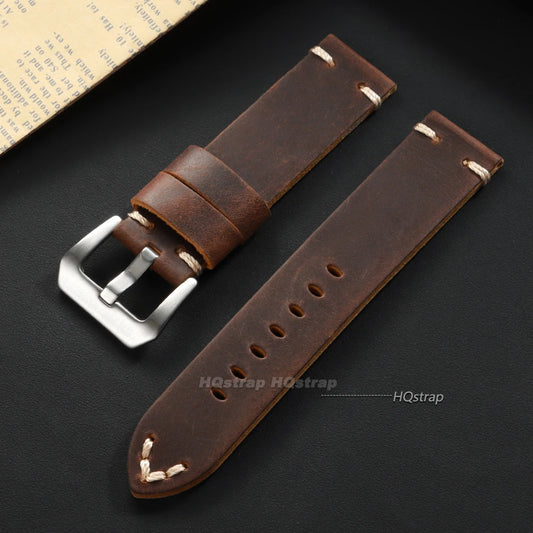 Bracelet de montre Vintage en cuir Crazy Horse, couture faite à la main, en cuir de vache, pour montre intelligente Panerai 18mm 20mm 22mm 24mm 26