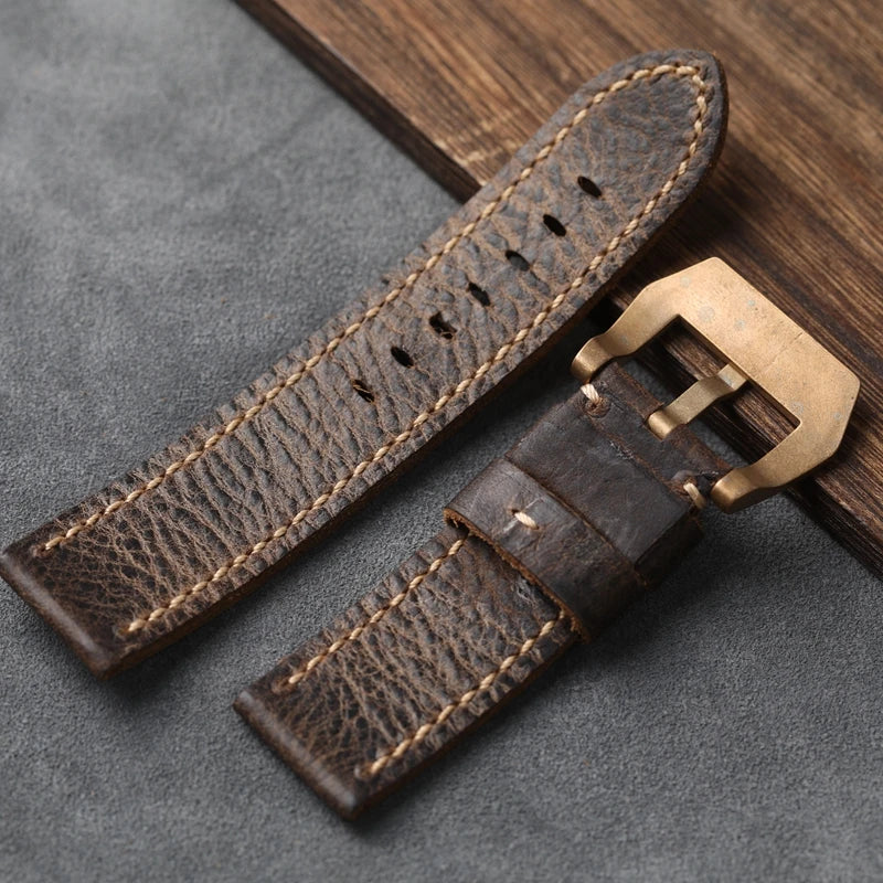 Bracelet de montre en Bronze fait à la main, 20 21 22 23 24 26MM, Bracelet épais italien, première couche en cuir de vache souple, Vintage