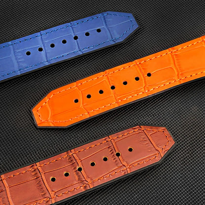Cinturino per orologio in gomma e pelle bovina 19mm x 26mm per HUBLOT Big Bang colorato nero blu, grana coccodrillo, in pelle bovina, da uomo e donna