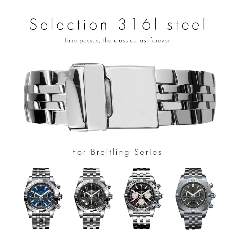 Bracelet de montre étanche en métal argenté, bracelet de montre solide, acier inoxydable, Breitling, Avenger, Heritage, Smile, Ocean, 20mm, 22mm, 24mm