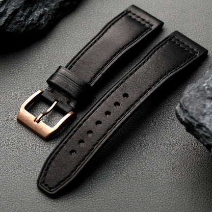 Handmade Bronze Buckle Bracelet, 20MM 21MM 22MM Black Brown Top Leather, Suitable for Pilot Pure Copper Watch Band