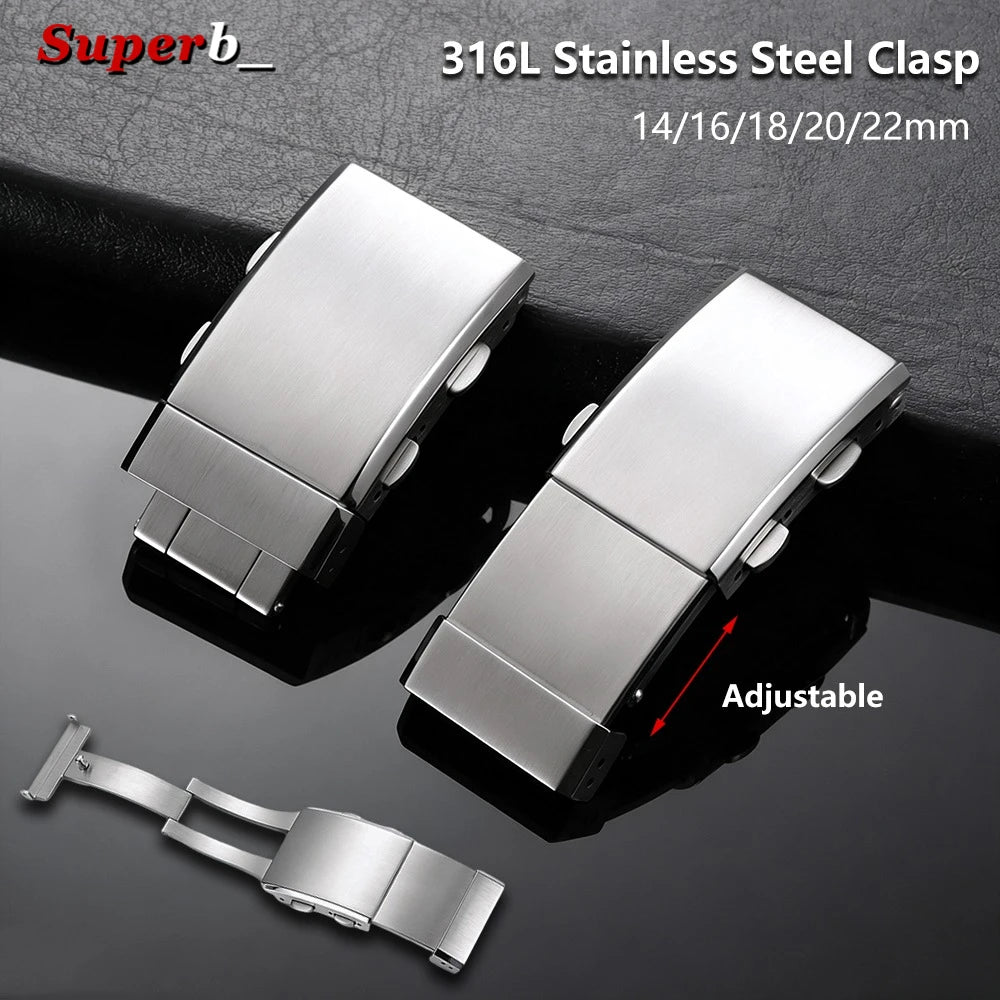 Solid 316L Stainless Steel Watch Buckle, 14mm, 16mm, 18mm, 20mm, 22mm, Adjustable Folding Clasp, Extension Clasps, Silver Metal Button
