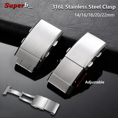 Solid 316L Stainless Steel Watch Buckle, 14mm, 16mm, 18mm, 20mm, 22mm, Adjustable Folding Clasp, Extension Clasps, Silver Metal Button
