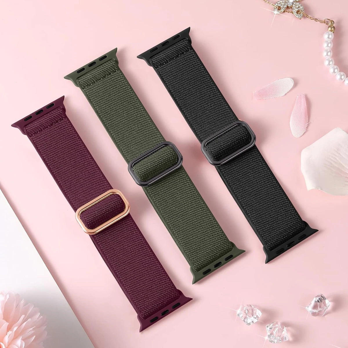 Lot de 3 bracelets élastiques en nylon pour Apple Watch Series 10/11 42mm 46mm, boucle sportive extensible en nylon pour iWatch Series 10 9 8 7 6 5 4