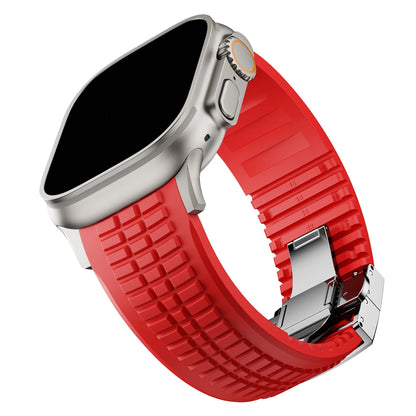 Silicone Sport Band for Apple Watch Ultra 2, 49mm 46mm 45mm 44mm, Luxury Metal Bracelet for iWatch Series 10 9 8 7 6 5 4 Se