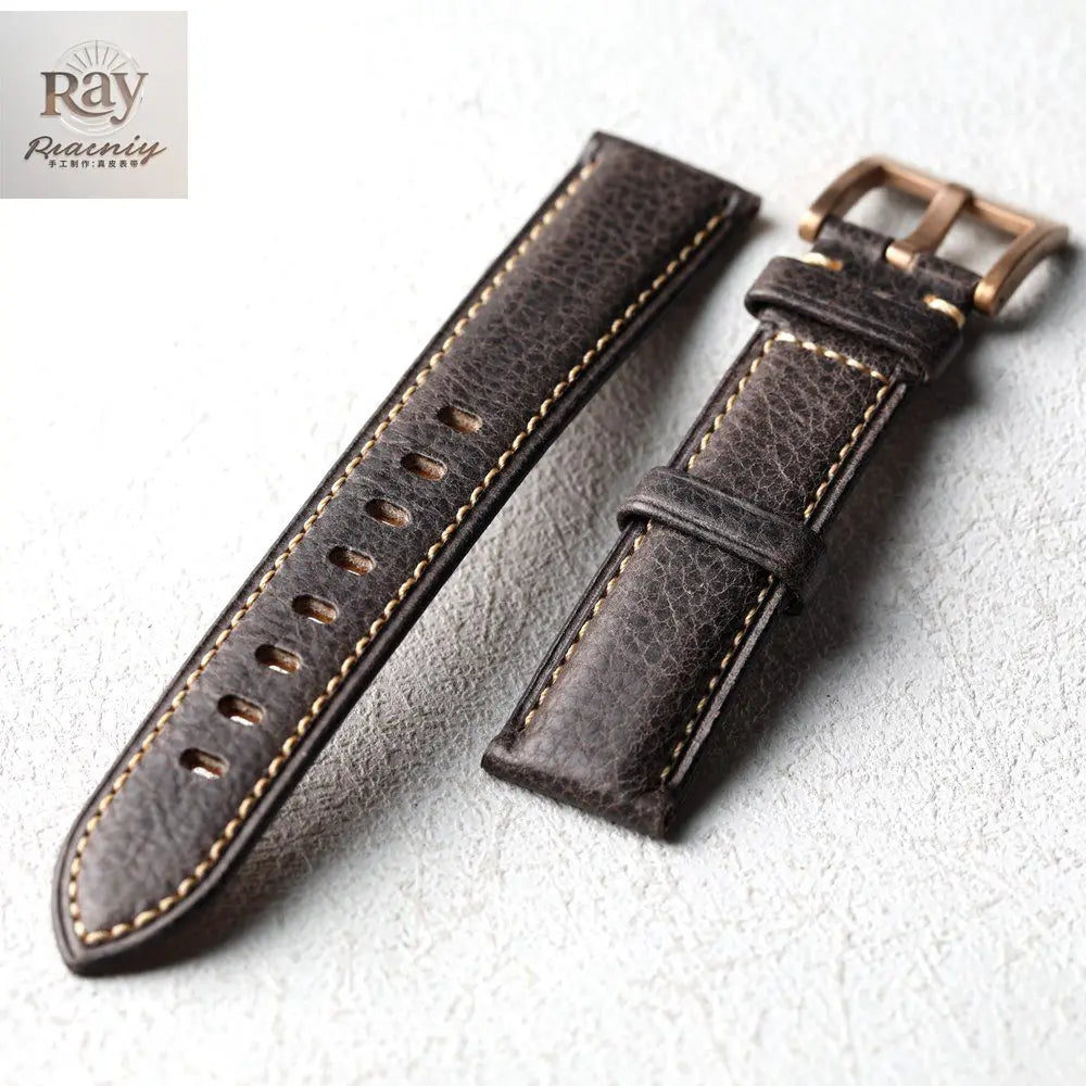 High-end leather strap, 20MM 22MM, bronze clasp, thick leather strap for men, retro style, suitable for bronze watch bracelet