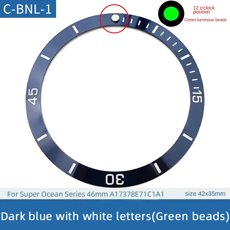 Anello inserto ghiera in ceramica 42x35mm, pendenza adatta a 46mm per Breitling SUPEROCEAN A17378E71C1A1, cerchio scala blu, luce verde a ore 12