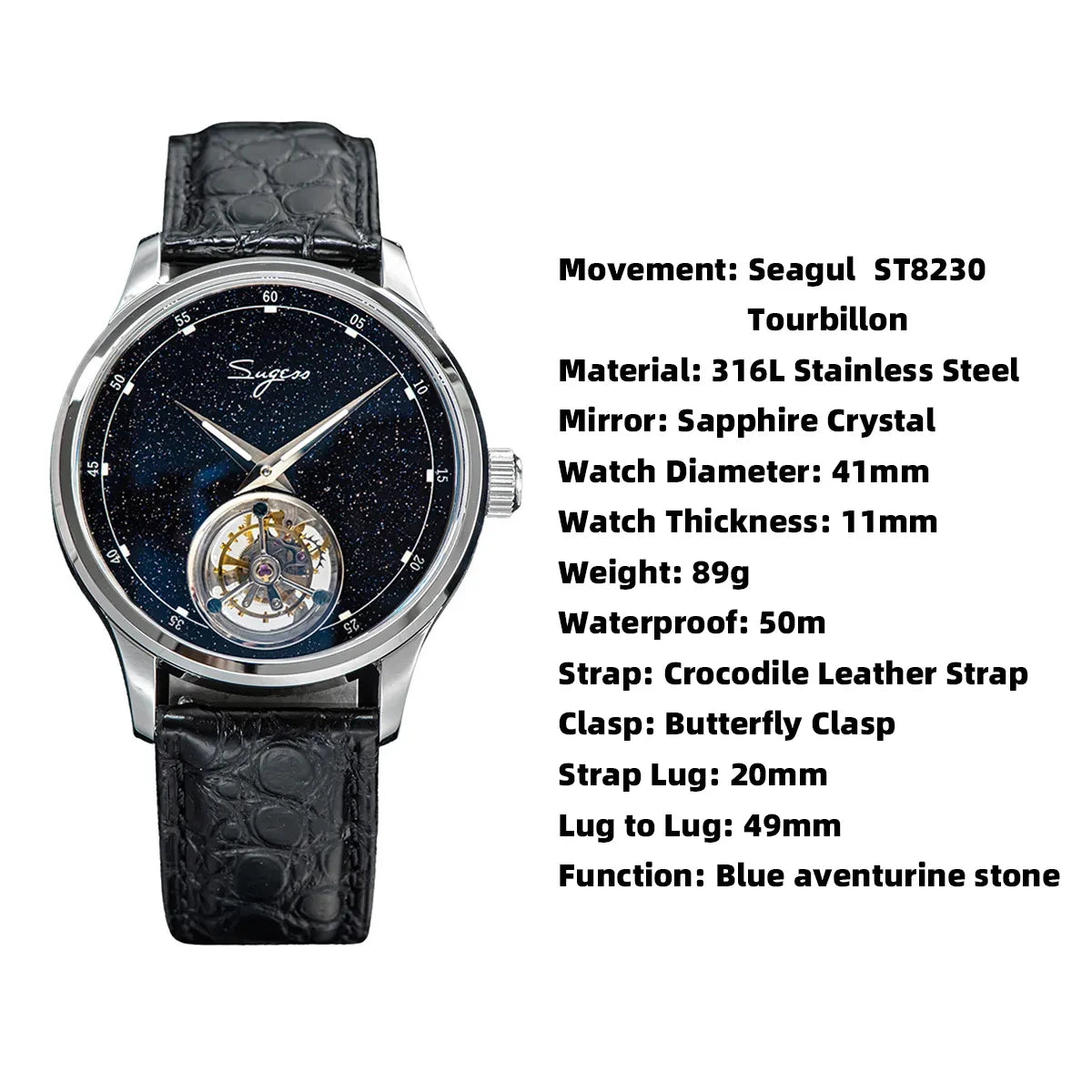 Orologio automatico da uomo Sugess Tourbillon - Cinturino in coccodrillo