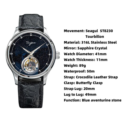 Orologio automatico da uomo Sugess Tourbillon - Cinturino in coccodrillo