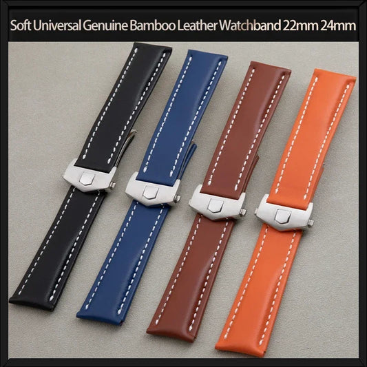 Bracelet de montre universel en cuir de bambou véritable, souple, adapté au bracelet TAG Heuer MONACO, noir, marron, bleu, 22mm, 24mm, boucle pliable