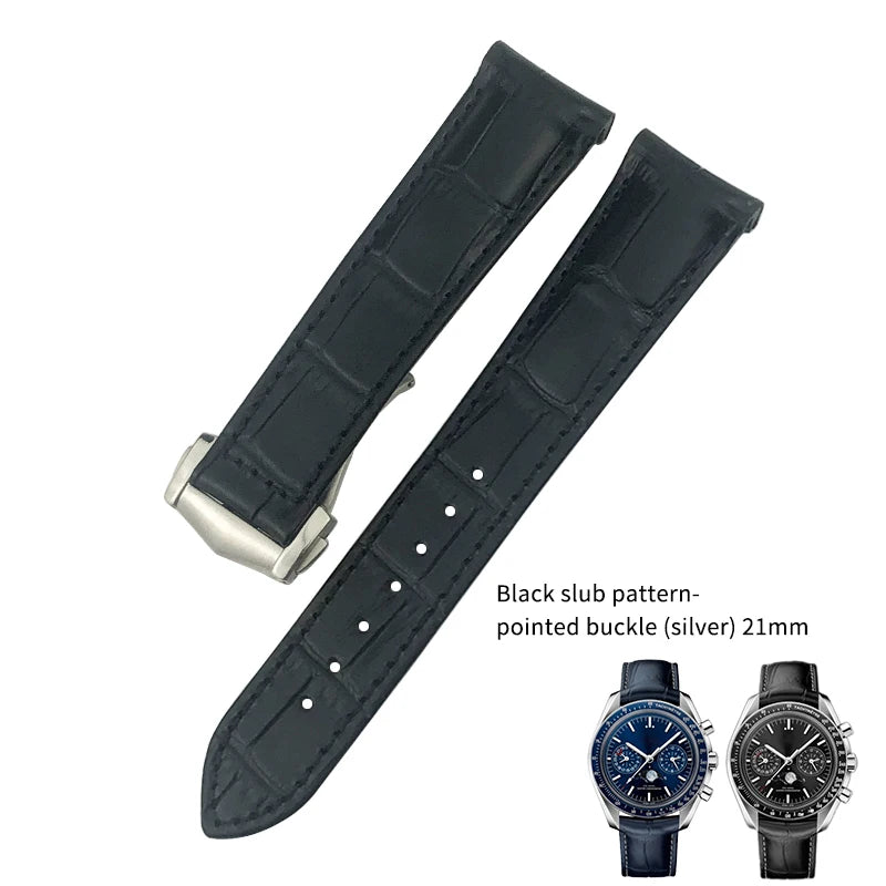 Bracelet de montre en cuir véritable à extrémité incurvée pour Omega Speedmaster Seam84AT150, déploiement struc19 mm 20mm 21mm, noir, bleu