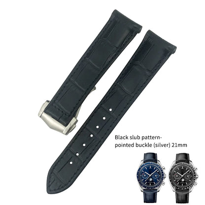 Bracelet de montre en cuir véritable à extrémité incurvée pour Omega Speedmaster Seam84AT150, déploiement struc19 mm 20mm 21mm, noir, bleu