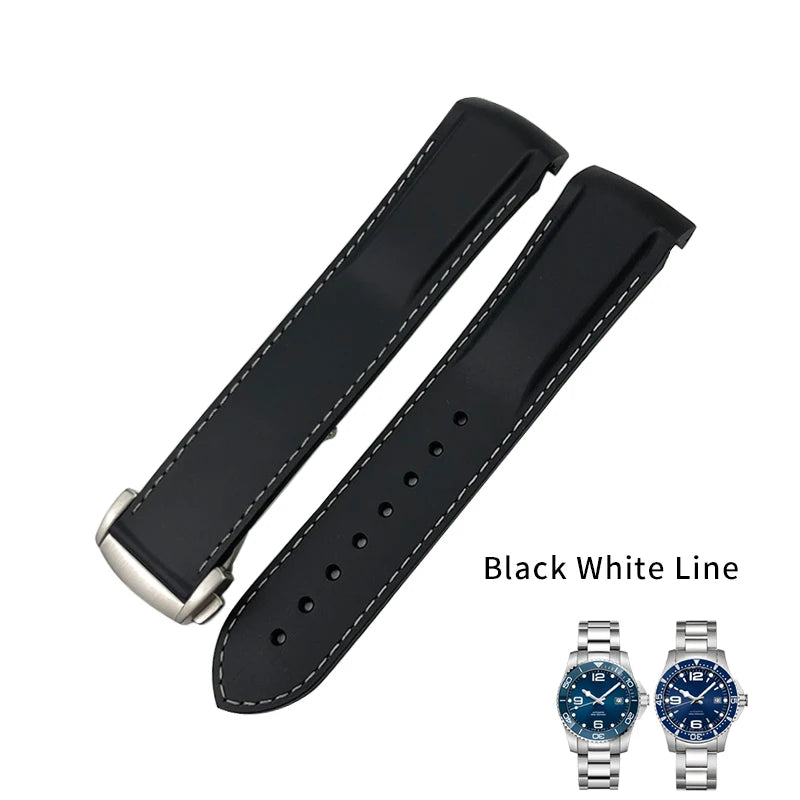 适用于浪琴表、精工SKX、欧米茄、劳力士的表带，橡胶硅胶材质，弧形接口，18mm、19mm、20mm、21mm、22mm可选