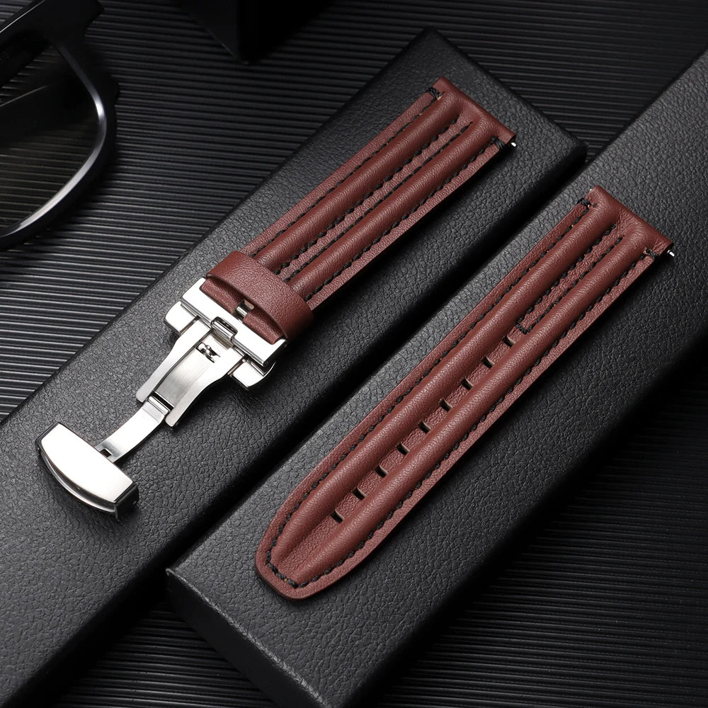 Bracelet en cuir de vache véritable pour hommes, 20mm, 22mm, 24mm, pour montre Seiko Vintage en cuir marron, bracelet de montre à fermoir papillon pour Omega