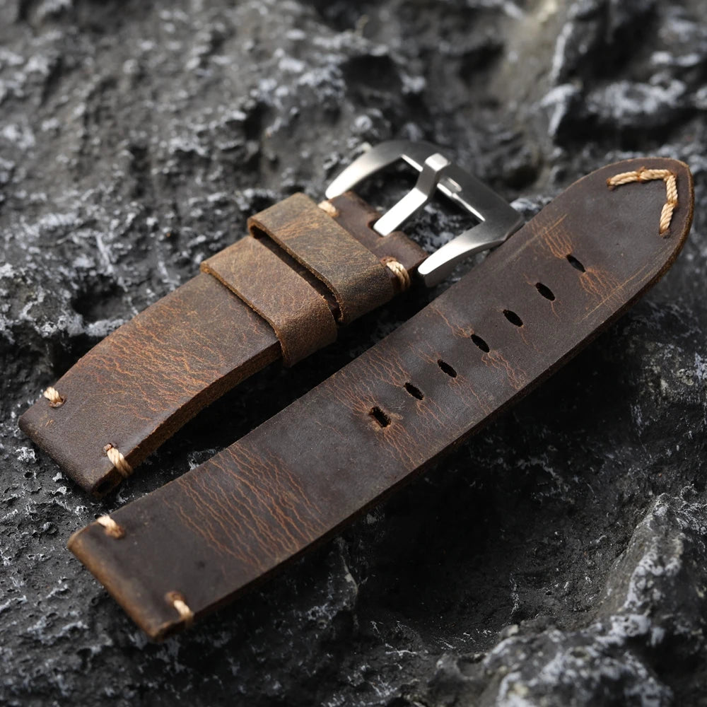 Men's Vintage Handmade Watch Strap, Top Layer, Thickened, Handcrafted, Dark Brown, Fits GT3 4, 20mm, 21mm, 22mm, 23mm, 24mm, 26mm