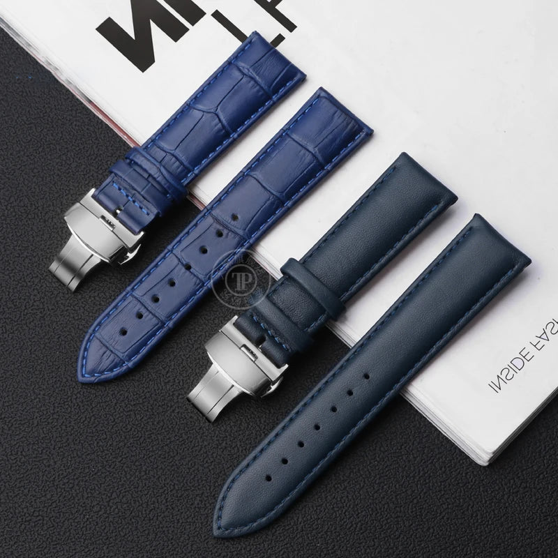 Blue Leather Bracelet for Men and Women, 12mm, 14mm, 16mm, 18mm, 20mm, 22mm for Tissot Longines, Omega Seamaster, Blue, Black, Brown