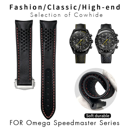 Bracelet de montre en cuir à extrémités courbes, 20mm 21mm, adapté à Omega Seamaster 300 Planet Ocean 600 AT150 Speedmaster, bracelet de montre à boucle pliante