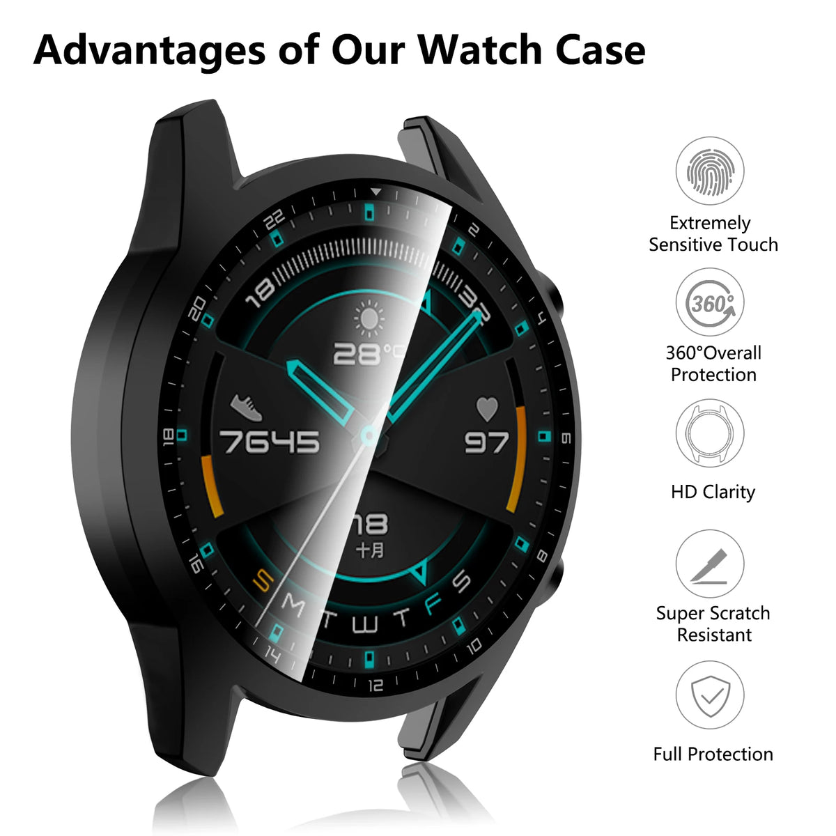Boîtier en verre trempé pour Huawei Watch GT2 46mm, couverture complète, protecteur d'écran pare-chocs pour Huawei Watch GT 2 46mm