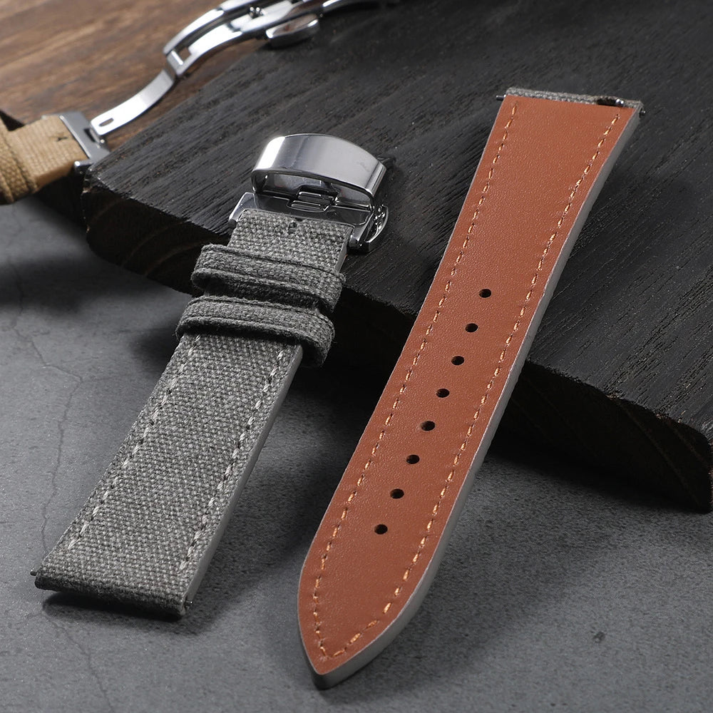 Bracelet de montre en toile haute densité 20 mm 22 mm, bracelet de montre rétro en cuir et tissu avec boucle papillon à dégagement rapide