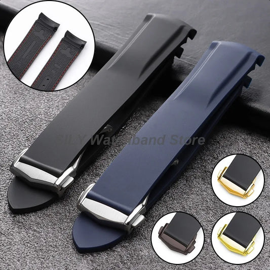 Bracelet de montre en Silicone 20mm 22mm, noir bleu, en caoutchouc, extrémité incurvée, étanche, pour hommes et femmes, pour Omega Seamaster 300