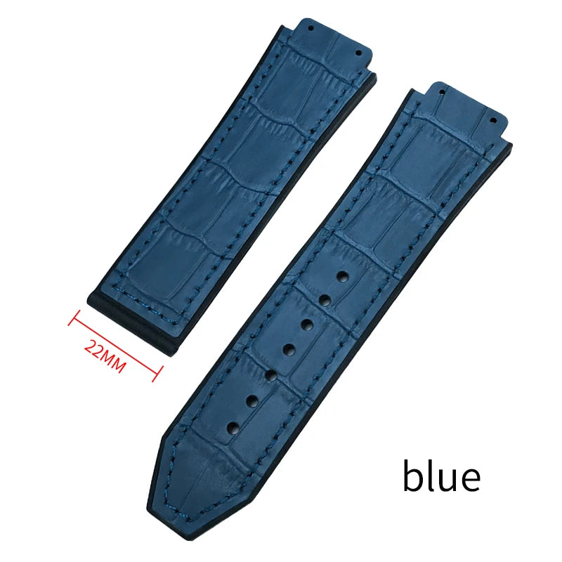 Cinturino per orologio in gomma e pelle bovina 19mm x 26mm per HUBLOT Big Bang colorato nero blu, grana coccodrillo, in pelle bovina, da uomo e donna