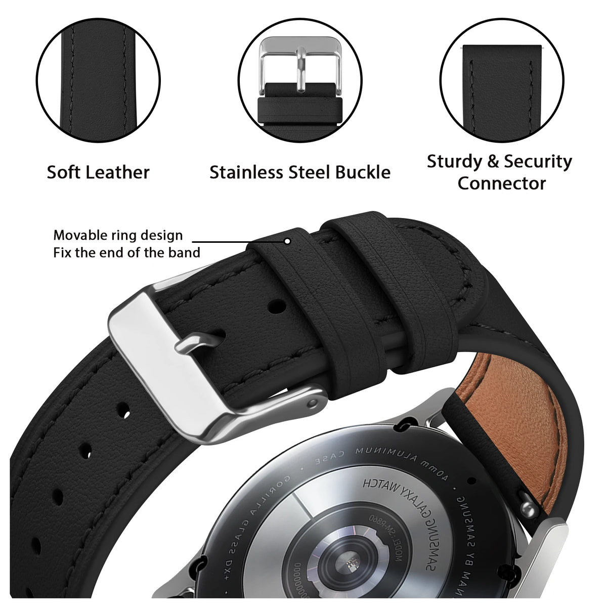 Bracelet en cuir 20mm pour Samsung Galaxy Watch FE 7 6 5 4 40mm 44mm/Watch 4 6 Classic 43 47mm/Active 2/5Pro 45mm/Watch 3 41mm
