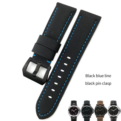 22mm 24mm 26mm Watch Strap for Panerai Luminor PAM01661, Black and Blue Nylon Fabric, Genuine Leather Canvas, Screw Pin Buckle
