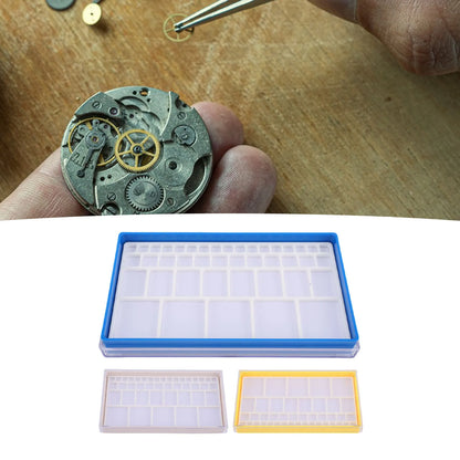 Boîte de rangement pour pièces de montres, pour horlogers, vis de bijouterie, outils de réparation de montres, plateau de rangement en plastique pour pièces de montres