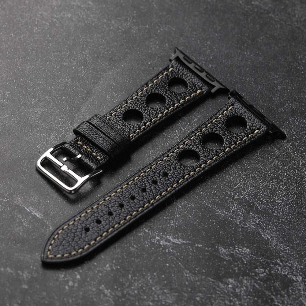 Handmade Breathable Leather Strap for Apple Watch S10 Ultra 2, Brown, Black, Goatskin, 46mm, 45mm, 49mm