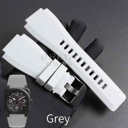 22mm 24mm Silicone Watch Strap for Bell Ross BR01 BR03 Convex Rubber Watch Band Replacement Straps Diving Bracelet for Outdoor Sports
