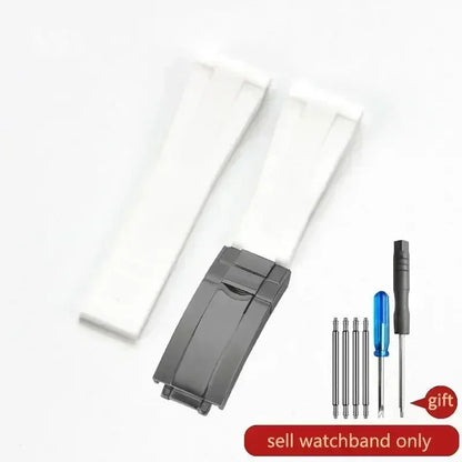 High-quality silicone watch strap in colorful styles (black, green, red, blue, white), with a curved interface for Rolex Datejust Submariner straps.