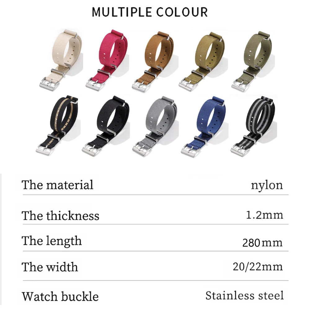 Cinturino per orologio in nylon di alta qualità, 18/20/22 mm, marrone, verde, nero, per uso militare, casual, sportivo, di ricambio