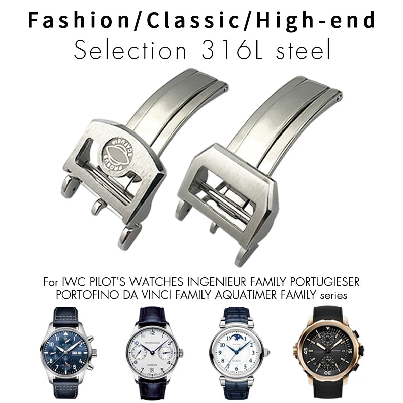 Structure de déploiement en acier inoxydable SION L, bracelet de montre en cuir, fermoir pliant, or rose, caoutchouc, marque pilote IWC, portugais, 18mm