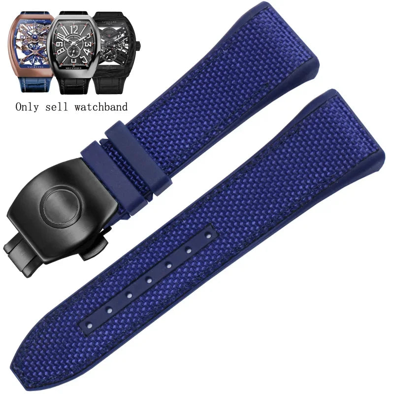 Bracelet de montre pliable en nylon et cuir véritable, bracelet de montre en silicone, noir, bleu, haute qualité, compatible avec Franck Muller, série V45, 28mm