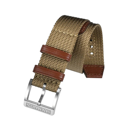 Cinturino per orologio San Martin, pezzo unico, 20 mm, nylon resistente, acciaio inossidabile 316L, fibbia ad ardiglione con logo, fibbia in pelle retrò militare SN0105