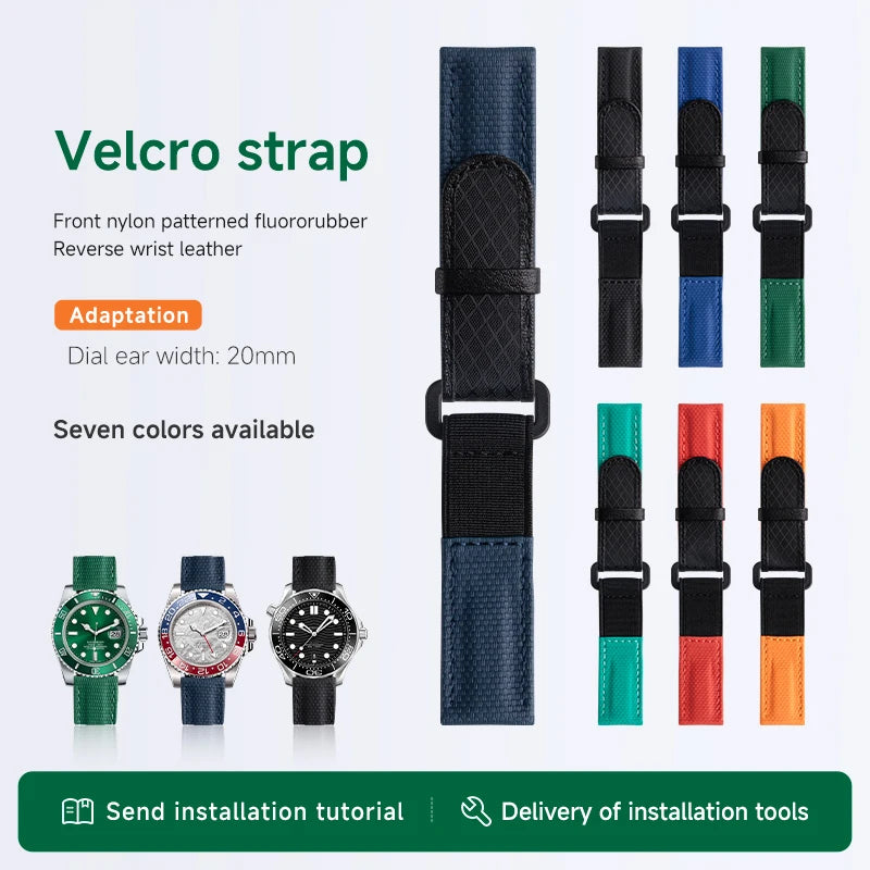 Bracelet de montre réglable en Velcro caoutchouté en fluororubber pour Rolex Submariner Daytona GMT Seiko Omega Tudor, universel