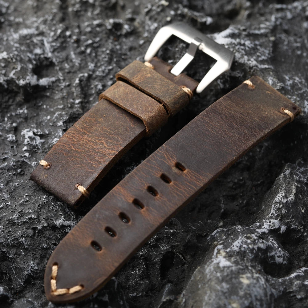 Men's Vintage Handmade Watch Strap, Top Layer, Thickened, Handcrafted, Dark Brown, Fits GT3 4, 20mm, 21mm, 22mm, 23mm, 24mm, 26mm