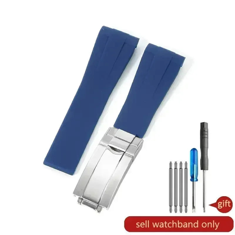 High-quality silicone watch strap in colorful styles (black, green, red, blue, white), with a curved interface for Rolex Datejust Submariner straps.